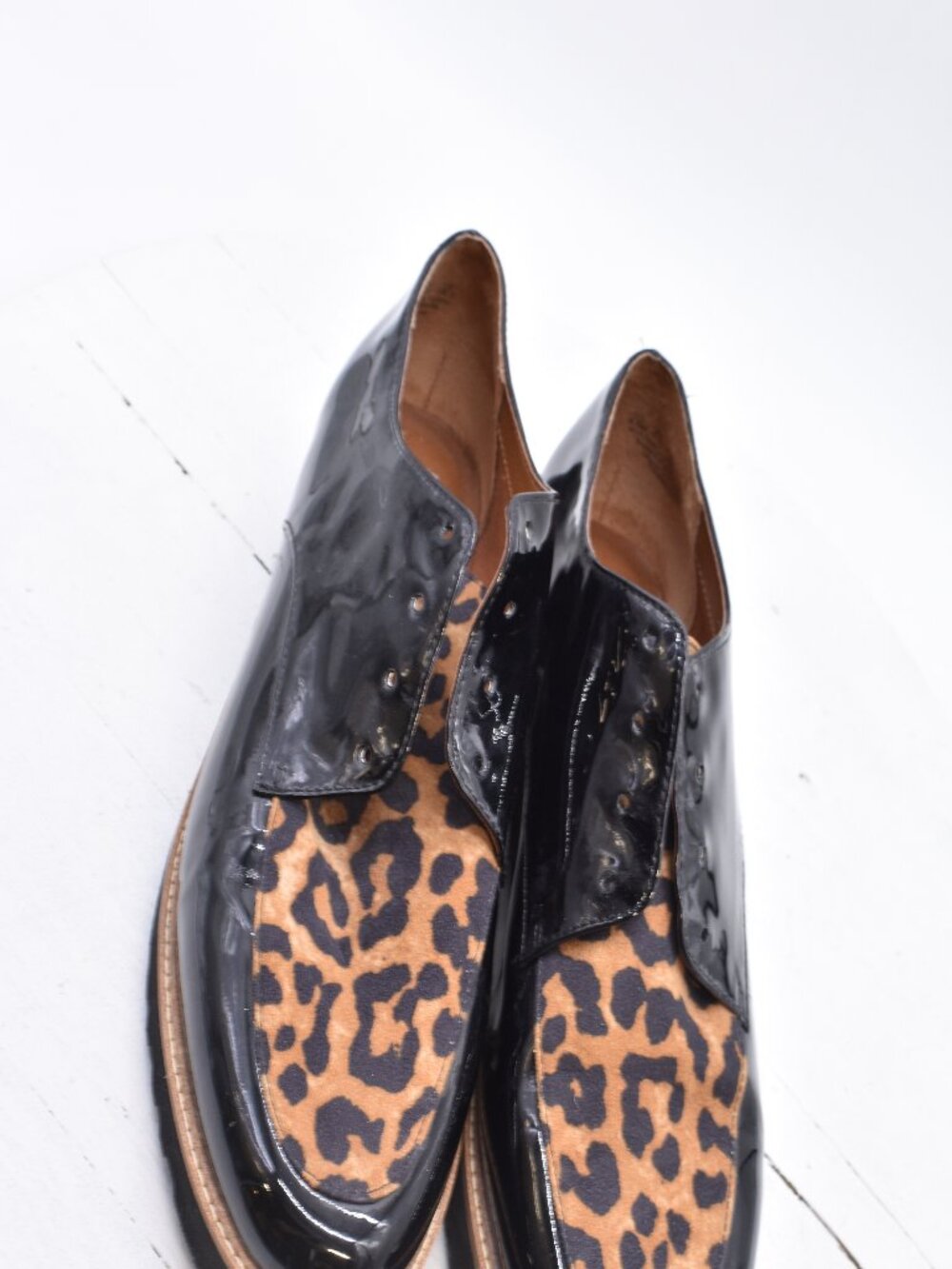 Franco Sarto Black Patent Charles Leopard Print Oxford Shoes Women 9.5